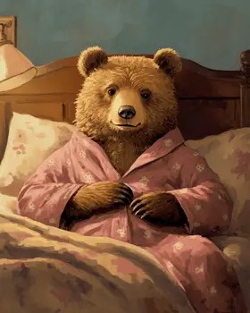 Bear in Pink Pajamas in Bed - Bedroom Art Prints – 8″x10″ Artwork in 11″x14″ Mat