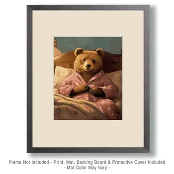Bear in Pink Pajamas in Bed - Bedroom Art Prints – 8″x10″ Artwork in 11″x14″ Mat
