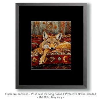 Coyote Relaxing on Bed - Bedroom Art Prints – 8″x10″ Artwork in 11″x14″ Mat