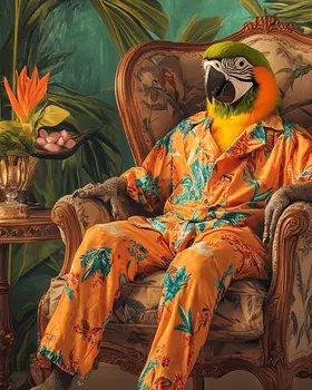 Parrot in Lounge Chair - Bedroom Art Prints – 8″x10″ Artwork in 11″x14″ Mat
