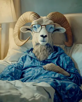 Ram in Blue Pajamas in Bed - Bedroom Art Prints – 8″x10″ Artwork in 11″x14″ Mat