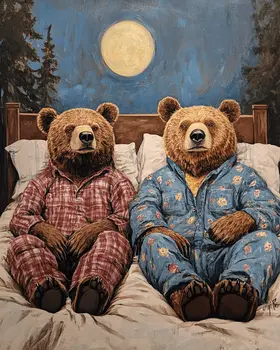 Two Bears in Pajamas in Bed - Bedroom Art Prints – 8″x10″ Artwork in 11″x14″ Mat