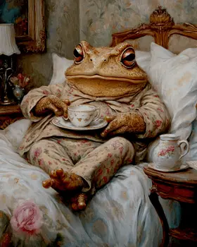 Toad Having Tea in Bed - Bedroom Art Prints – 8″x10″ Artwork in 11″x14″ Mat