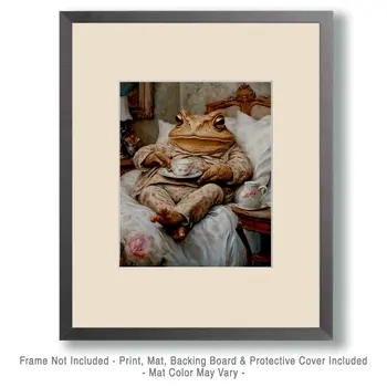 Toad Having Tea in Bed - Bedroom Art Prints – 8″x10″ Artwork in 11″x14″ Mat