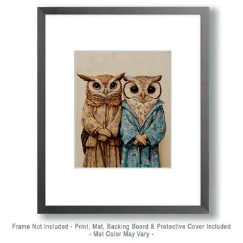 A Pair of Owls in Pajamas - Bedroom Art Prints – 8″x10″ Artwork in 11″x14″ Mat
