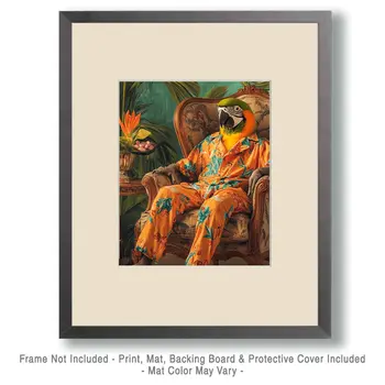 Parrot in Lounge Chair - Bedroom Art Prints – 8″x10″ Artwork in 11″x14″ Mat