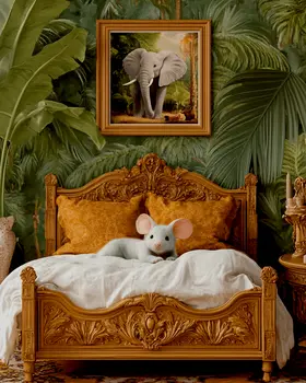 Mouse in Bed with Picture of Elephant - Bedroom Art Prints – 8″x10″ Artwork in 11″x14″ Mat