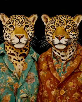 Two Jaguars in Pajamas - Bedroom Art Prints – 8″x10″ Artwork in 11″x14″ Mat