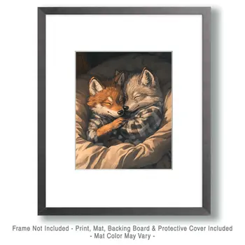 A Pair of Fox Kits in Bed - Bedroom Art Prints – 8″x10″ Artwork in 11″x14″ Mat