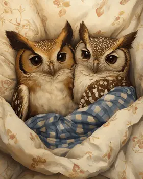 Two Owls in Bed - Bedroom Art Prints – 8″x10″ Artwork in 11″x14″ Mat