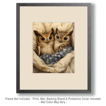 Two Owls in Bed - Bedroom Art Prints – 8″x10″ Artwork in 11″x14″ Mat