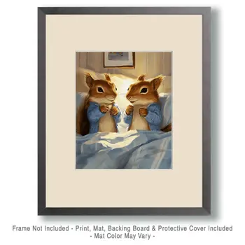 A Pair of Squirrels in Bed - Bedroom Art Prints – 8″x10″ Artwork in 11″x14″ Mat