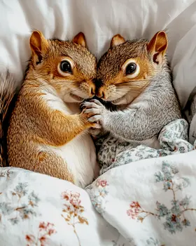 A Pair of Squirrels Kits in Bed - Bedroom Art Prints – 8″x10″ Artwork in 11″x14″ Mat