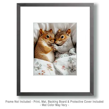 A Pair of Squirrels Kits in Bed - Bedroom Art Prints – 8″x10″ Artwork in 11″x14″ Mat