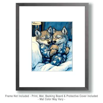 A Pair of Wolf Cubs in Bed - Bedroom Art Prints – 8″x10″ Artwork in 11″x14″ Mat