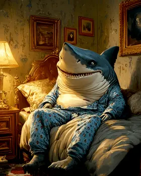 Shark in Pajamas in Bed - Bedroom Art Prints – 8″x10″ Artwork in 11″x14″ Mat