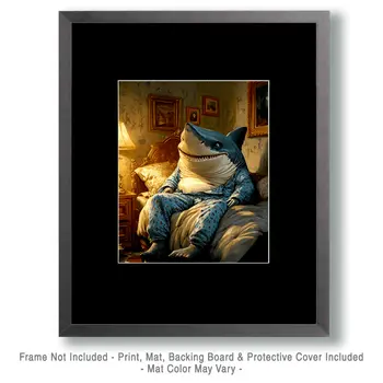 Shark in Pajamas in Bed - Bedroom Art Prints – 8″x10″ Artwork in 11″x14″ Mat