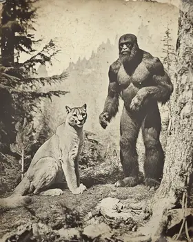 Mountain Lion Companion - Bigfoot and Sasquatch Wall Art Prints – 8″x10″ Artwork in 11″x14″ Mat