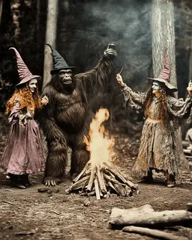 Bigfoot Singing with Witches - Bigfoot Art Prints – 8″x10″ Artwork in 11″x14″ Mat