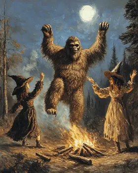 Bigfoot Whooping It Up with Two Witches - Bigfoot Art Prints – 8″x10″ Artwork in 11″x14″ Mat