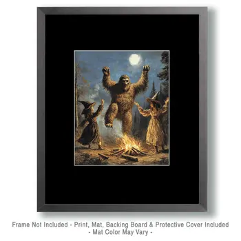 Bigfoot Whooping It Up with Two Witches - Bigfoot Art Prints – 8″x10″ Artwork in 11″x14″ Mat
