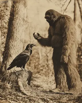 Discussion with a Raven - Bigfoot Art Prints – 8″x10″ Artwork in 11″x14″ Mat