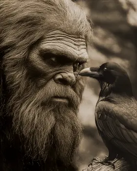 Eye to Eye with a Raven - Bigfoot Art Prints – 8″x10″ Artwork in 11″x14″ Mat