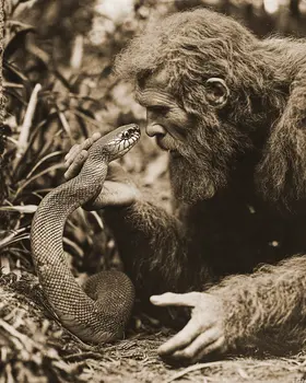 Reasoning with a Snake - Bigfoot Art Prints – 8″x10″ Artwork in 11″x14″ Mat