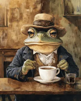 Frog Enjoying a Cup of Joe - Coffee Wall Art Prints - 8"x10" Art Print for 11"x14" Frame