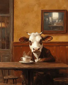 Cow Enjoying a Cup of Joe - Coffee Wall Art Prints - 8"x10" Art Print for 11"x14" Frame