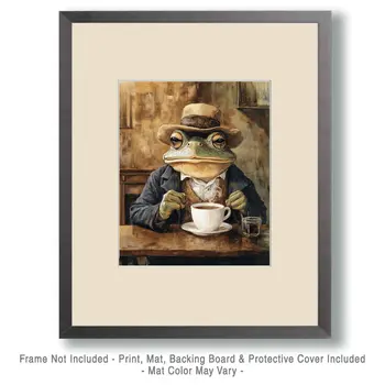 Frog Enjoying a Cup of Joe - Coffee Wall Art Prints - 8"x10" Art Print for 11"x14" Frame