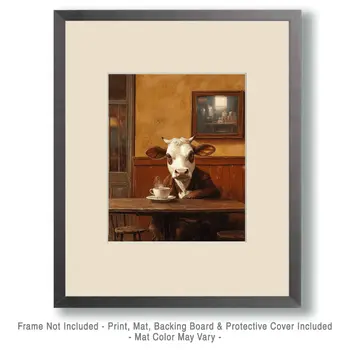 Cow Enjoying a Cup of Joe - Coffee Wall Art Prints - 8"x10" Art Print for 11"x14" Frame
