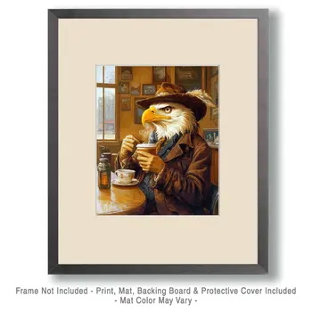 Bald Eagle Enjoying a Cup of Joe - Coffee Wall Art Prints - 8"x10" Art Print for 11"x14" Frame