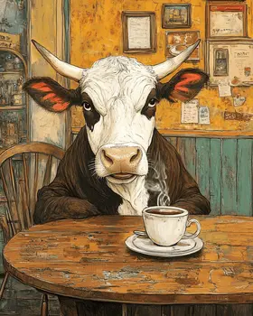 Cow Having a Cup of Joe - Coffee Wall Art Prints - 8"x10" Art Print for 11"x14" Frame