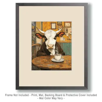 Cow Having a Cup of Joe - Coffee Wall Art Prints - 8"x10" Art Print for 11"x14" Frame
