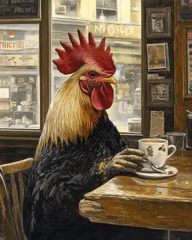 Rat ERooster Enjoying a Cup of Joe - Coffee Wall Art Prints - 8"x10" Art Print for 11"x14" Frame
