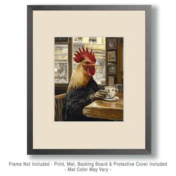 Rat ERooster Enjoying a Cup of Joe - Coffee Wall Art Prints - 8"x10" Art Print for 11"x14" Frame