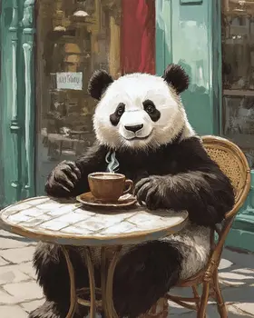 Panda Bear Enjoying a Cup of Joe - Coffee Wall Art Prints - 8"x10" Art Print for 11"x14" Frame