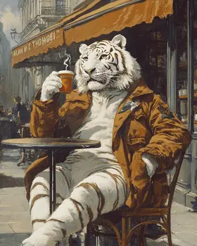 White Tiger Relaxing with a Cup of Joe - Coffee Wall Art Prints - 8"x10" Art Print for 11"x14" Frame