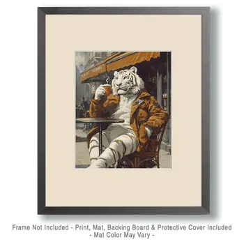 White Tiger Relaxing with a Cup of Joe - Coffee Wall Art Prints - 8"x10" Art Print for 11"x14" Frame