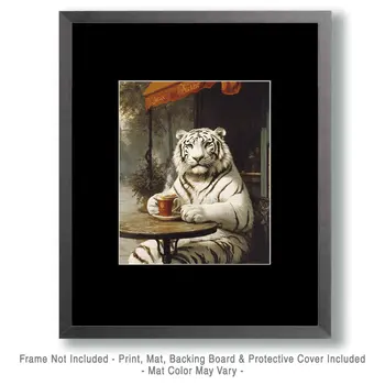 White Tiger Enjoying a Cup of Joe - Coffee Wall Art Prints - 8"x10" Art Print for 11"x14" Frame