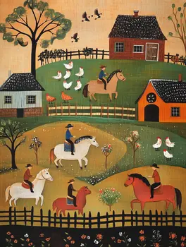 Folk Art Cowboy Landscape - Cowgirl and Cowboy Folk Art Prints  8"x10" Artwork for 11"x14" Frame
