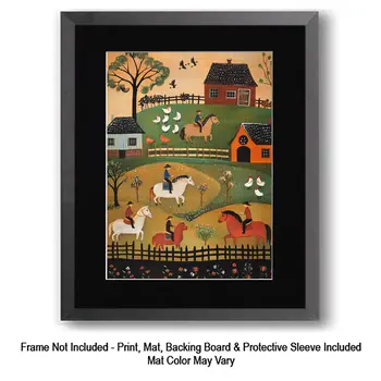 Cowgirl Admiring Horses Folk Art - Cowgirl and Cowboy Folk Art Prints  8"x10" Artwork for 11"x14" Frame