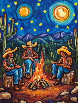 Cowboys at the Campfire Folk Art - Cowgirl and Cowboy Folk Art Prints  8"x10" Artwork for 11"x14" Frame