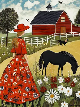 Cowgirl Admiring Horses Folk Art - Cowgirl and Cowboy Folk Art Prints  8"x10" Artwork for 11"x14" Frame
