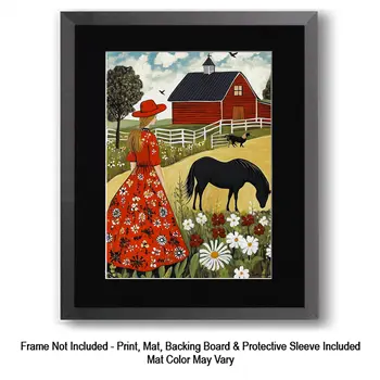 Cowboys at the Campfire Folk Art - Cowgirl and Cowboy Folk Art Prints  8"x10" Artwork for 11"x14" Frame