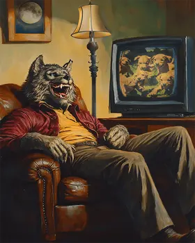 Wolfman Watching TV - Monster Art Prints – 8″x10″ Artwork for 11″x14″ Frame