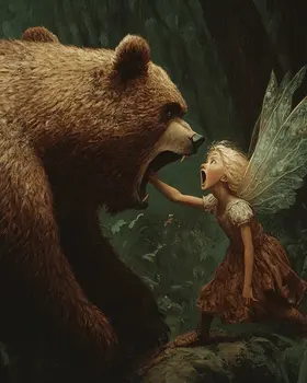 Fairy Giving a Bear a Talking To - Fairies Wall Art Prints – 8″x10″ Artwork for 11″x14″ Frame