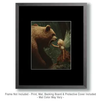 Fairy Giving a Bear a Talking To - Fairies Wall Art Prints – 8″x10″ Artwork for 11″x14″ Frame