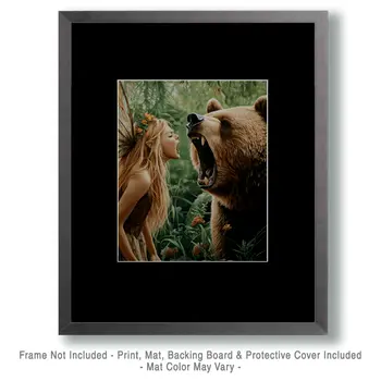 Fairy and Bear Singing Their Hearts Out - Fairies Wall Art Prints – 8″x10″ Artwork for 11″x14″ Frame